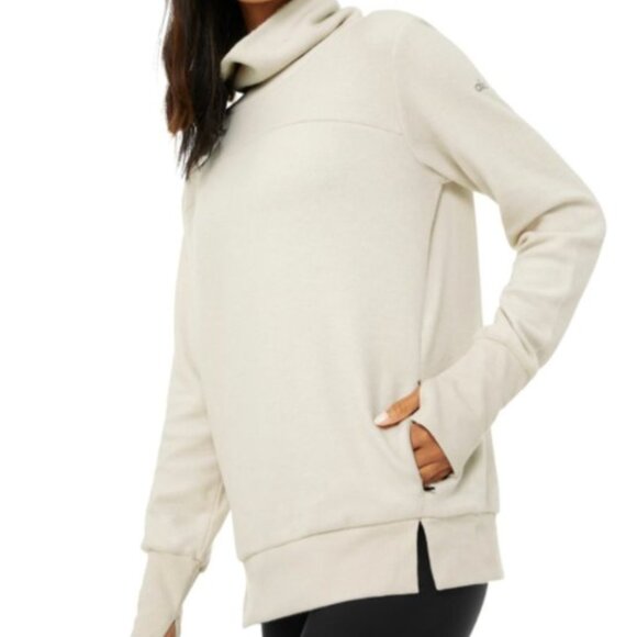 Alo Yoga Warmth Cover Up Haze Funnel Neck Wmns Med Cream Pullover Pockets Zip - Picture 1 of 11